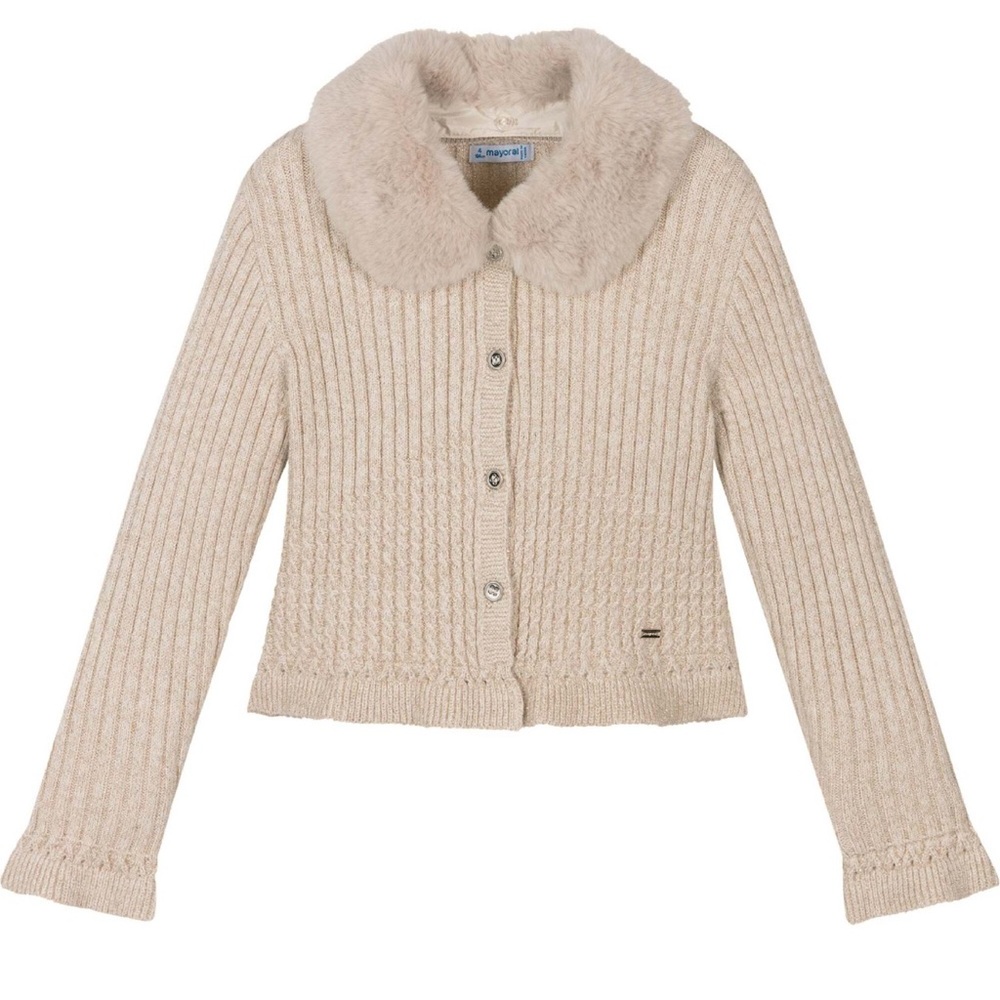 Mayoral Cream Cardigan with Faux Fur Collar